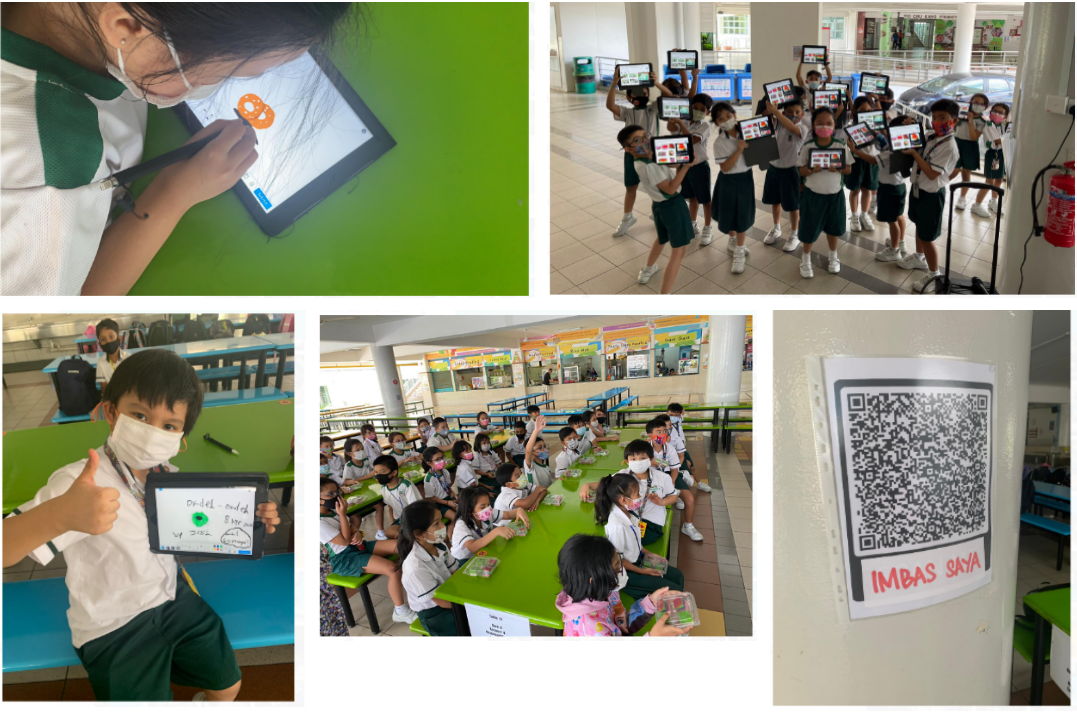 Five photos of masked school children using tablets in a school, with a QR code labeled "IMBAS SAYA" on a wall.